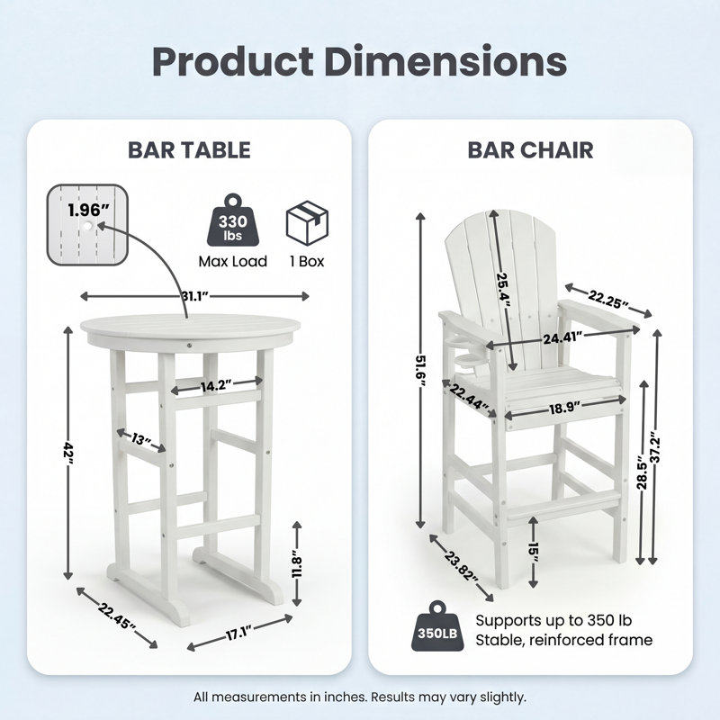 Table de bar ronde 3 pièces en PEHD avec 2 tabourets de bar