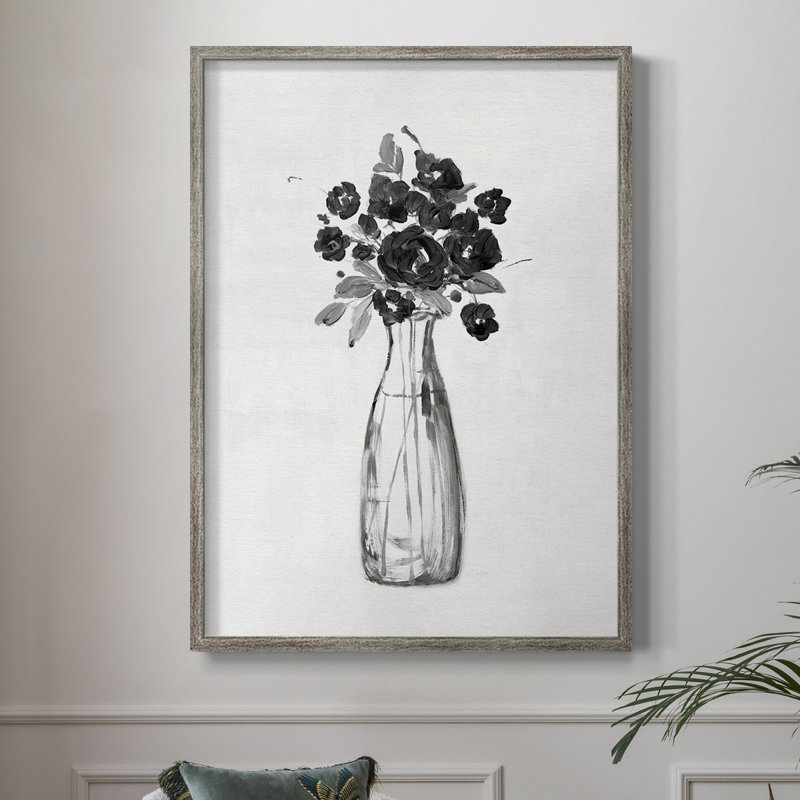 Impression encadrée florale noire et blanche II - bois massif 48217, H 11 po x l 9 po
