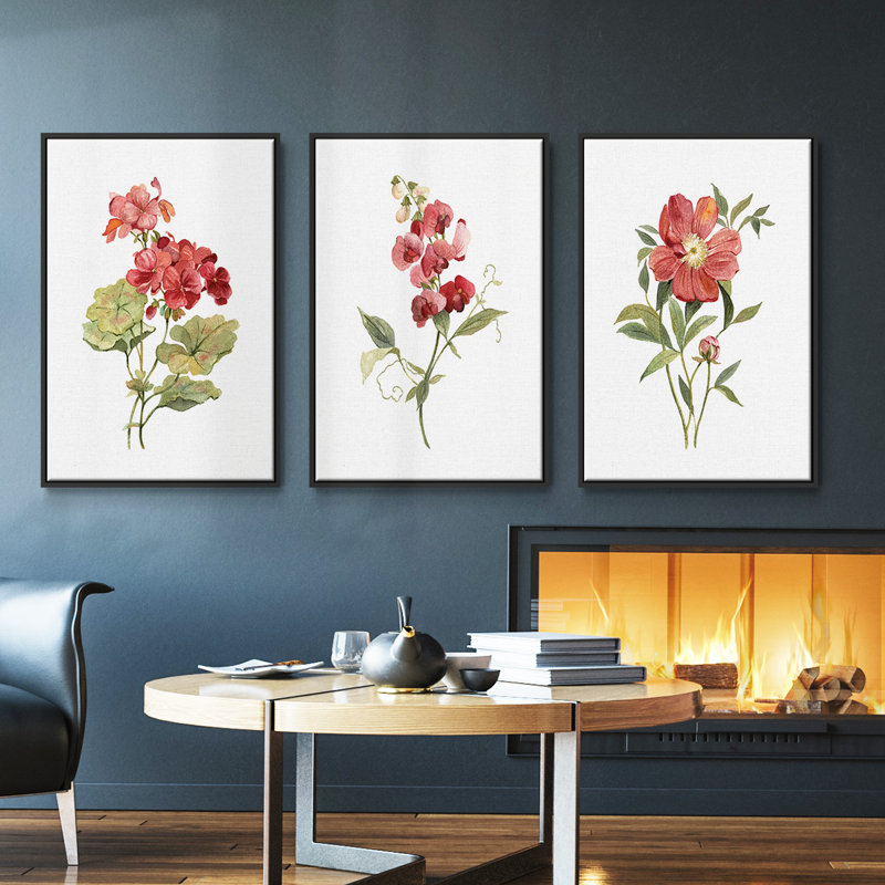 Ensemble de 3 pièces encadrées sur toile géranium écarlate, Noir, H 36 po x l 72 po
