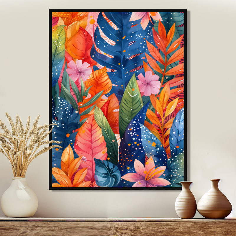 «Botanical Orange Blue Palm Leaves - Palmiers et palmiers», art mural, Sans cadre, métal, H 24 po x l 32 po