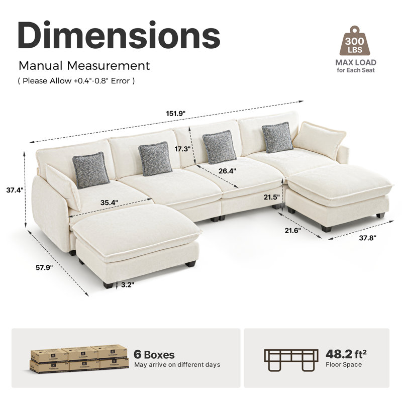 Oversized Modular Sectional Sofa, 4 Seat U shaped Cloud Sectional Couch with 2 Ottomans, Beige Fabric