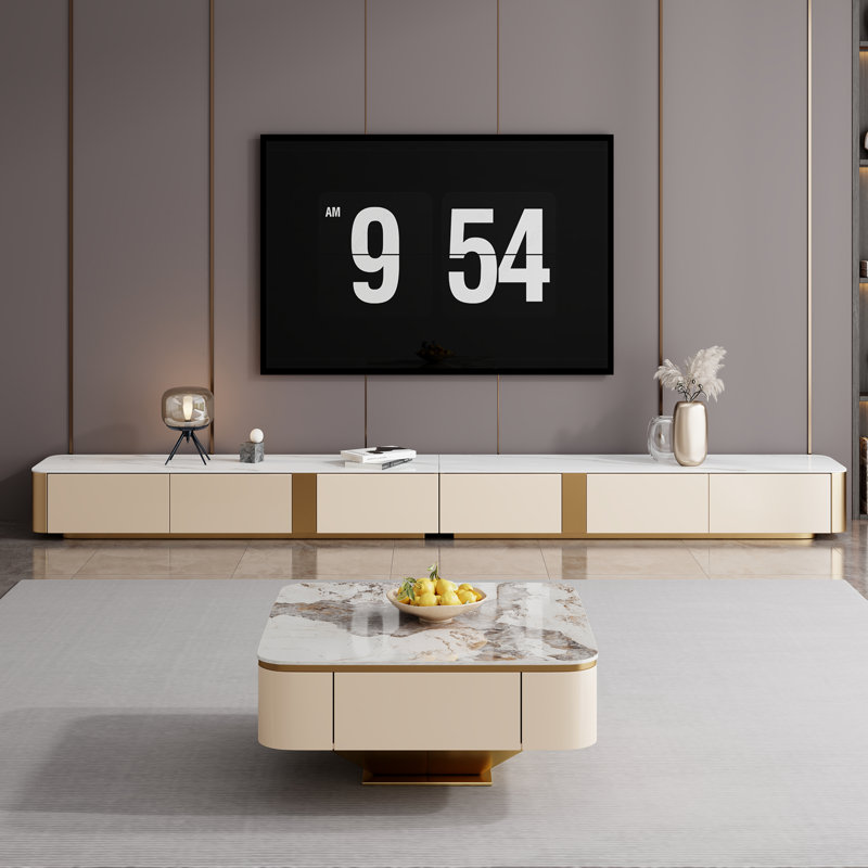Meuble télé Lakendrick de 141,8 po avec 6 tiroirs en faux marbre blanc et or, 141.8''W