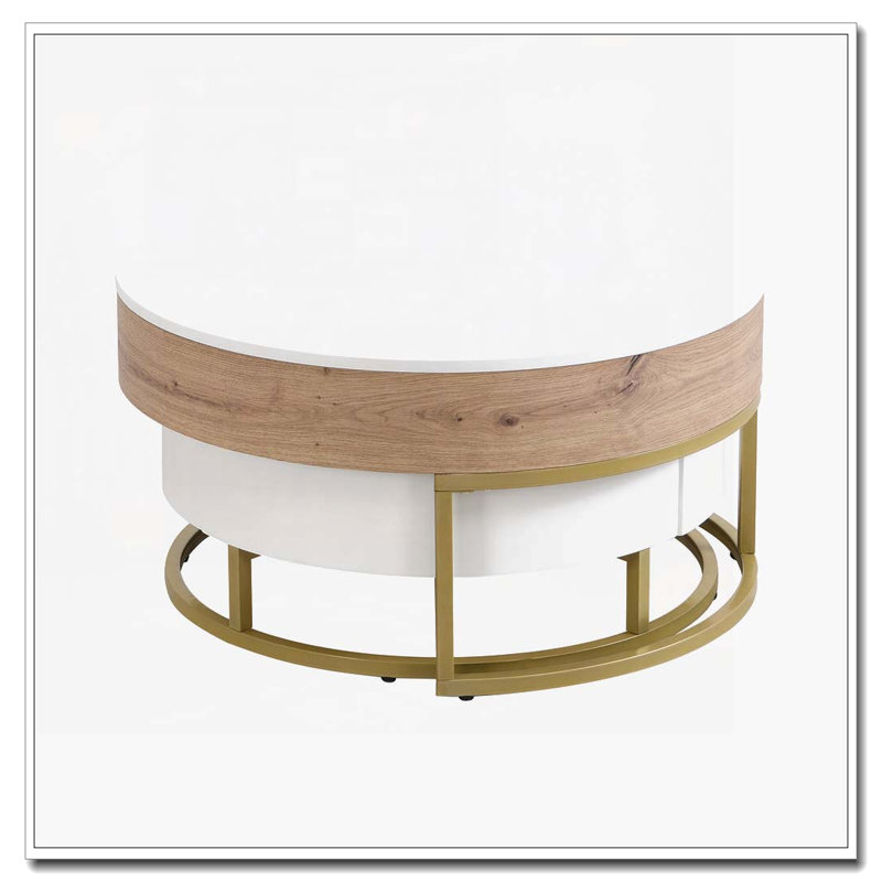Tables basses gigognes rondes avec 2 tiroirs, Bois de chêne naturel / blanc antique