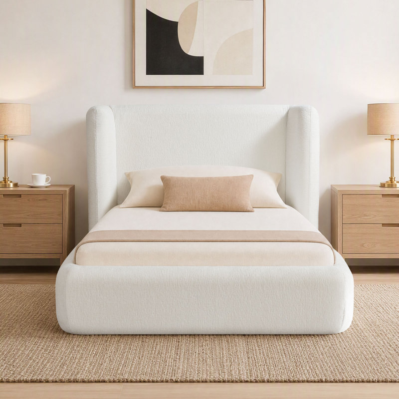 Cadre de lit double en chenille recouverte de tissu nuageux avec tête de lit enveloppante, sommier à compression, montage facile (sans sommier tapissier)