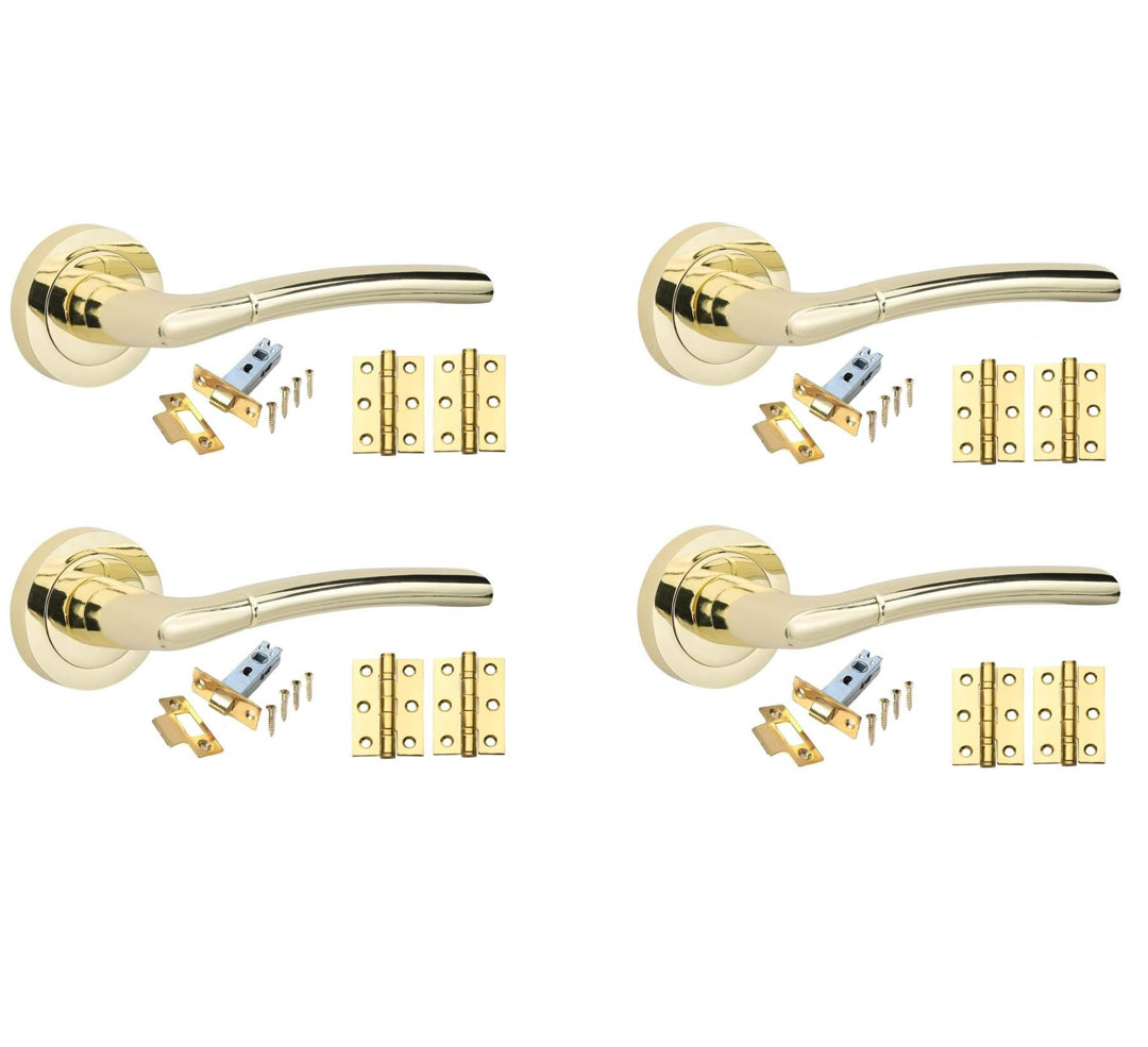 Golden Grace 4 Sets Indiana Design Door Handles in Polished Brass Finish with Tubular Latch and 1 Pair of 3" Ball Bearing Hinges