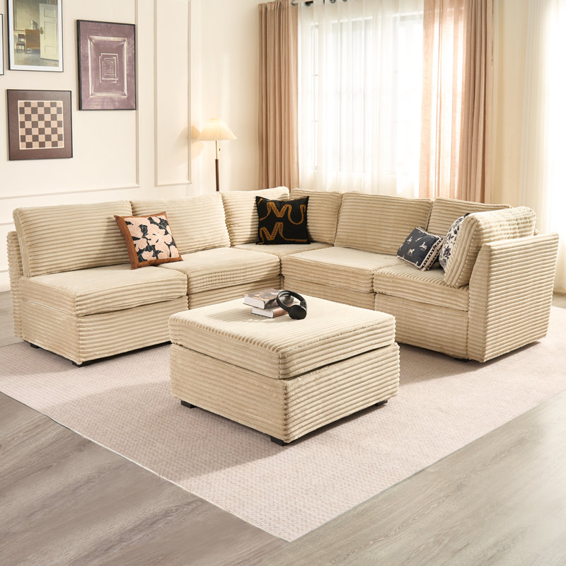 6-Piece Modular Corduroy Sectional Sofa With Ottoman, Deep Seat Cloud Couch For Living Room & Bedroom, Easy To Assemble, Soft Upholstered Modern L-Shaped Sofa