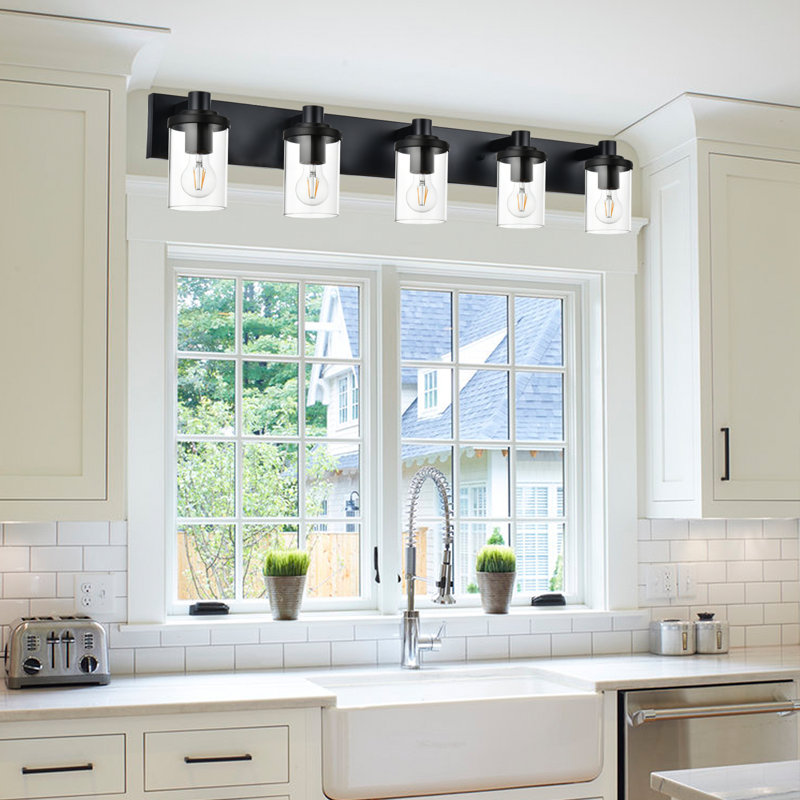 Luminaires de meuble-lavabo noir mat à 5 lumières pour salle de bain avec abat-jour en verre transparent (excluant les ampoules)
