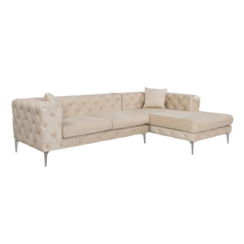 Canapé d'angle beige avec structure en bois de hêtre et en carton, 106,3 po x 28,3 po x 70,9 po | Tissu 100% polyester, assise de 5,9 po de profondeur, 2 coussins amovibles, pieds en métal, nettoyage à sec | Mobilier de salon élégant et confortable