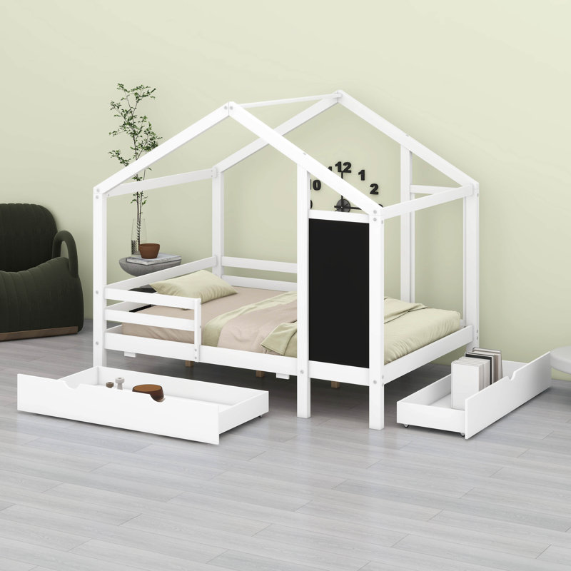 Lit double en bois massif pour enfants - Tiroirs de rangement, tableau noir (peu encombrant, aucun sommier nécessaire)