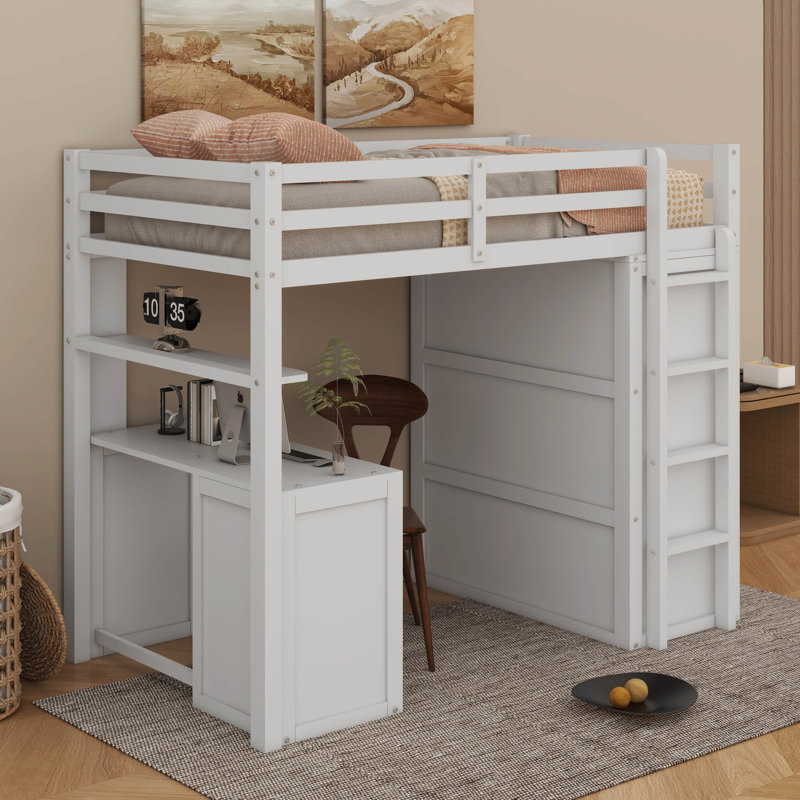 Lit mezzanine simple avec bureau, tiroirs et garde-robe, Blanc