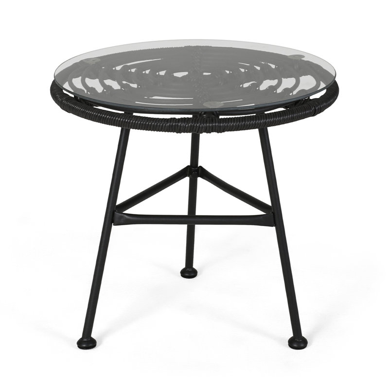 Gray and Black Round Faux Rattan Outdoor Side Table with Tempered Glass Top