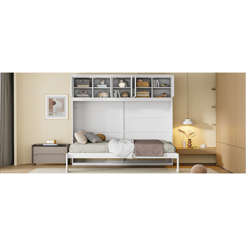Lit escamotable mural avec armoires supérieures Murphy, Lit double, Blanc