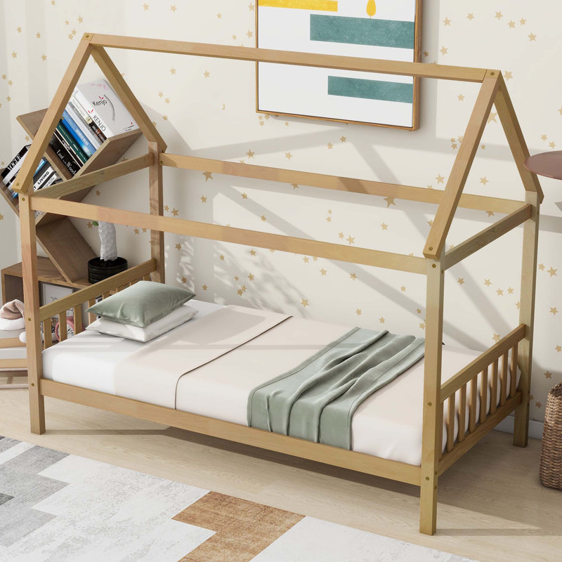 White Oak Rubber Wood Watsons House Bed With Headboard, Footboard, And House Frame, White Oak