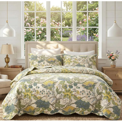Sleepbella 100% Cotton Quilt 3Pcs,Reversible Leaves & Flowers Pattern On White,Luxury Lightweight Coverlet Sets For All Season