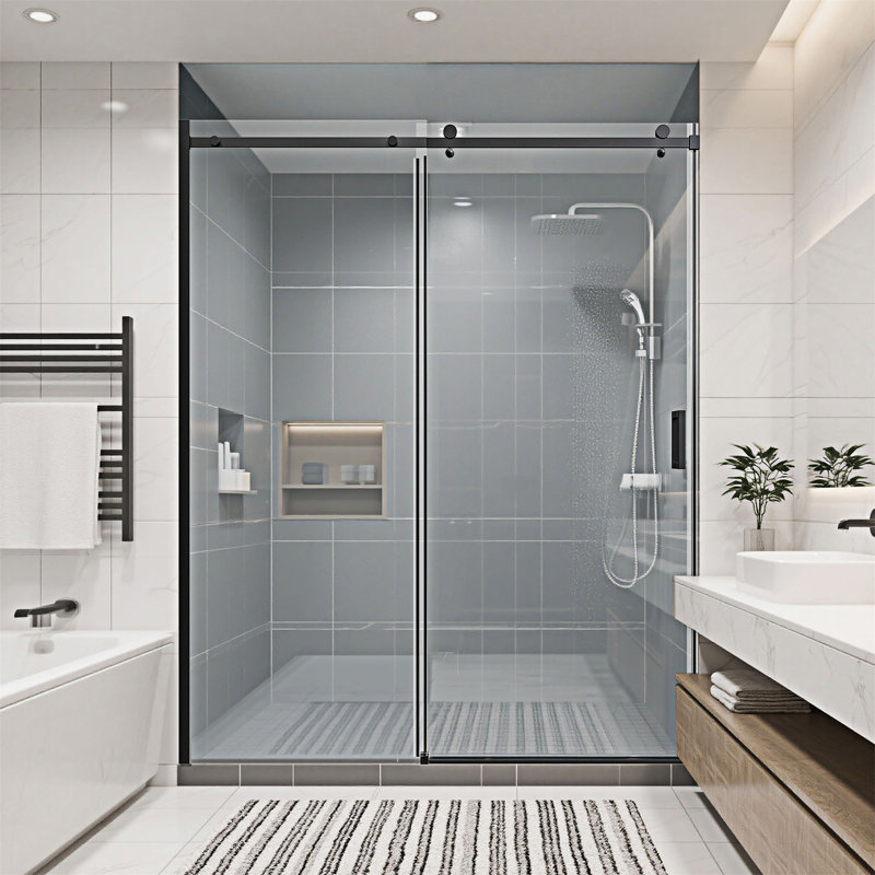 Frameless Single Sliding Shower Doors, Matte Black