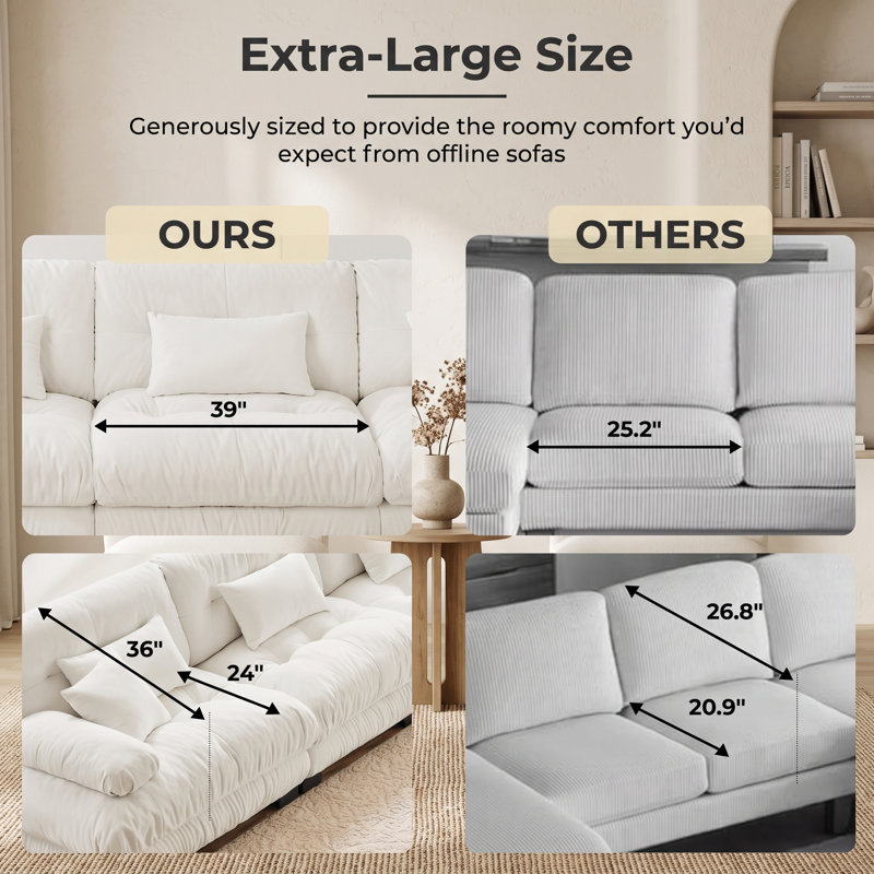 Canapé 2 places en chenille blanche moelleuse avec assises profondes et coussins moelleux pour salon, 2 sièges