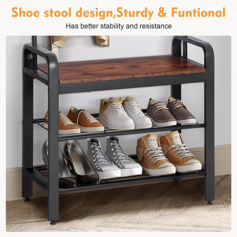 Entryway Bench with 9 Hooks, Hanging Rod & Shoe Storage Coat Rack