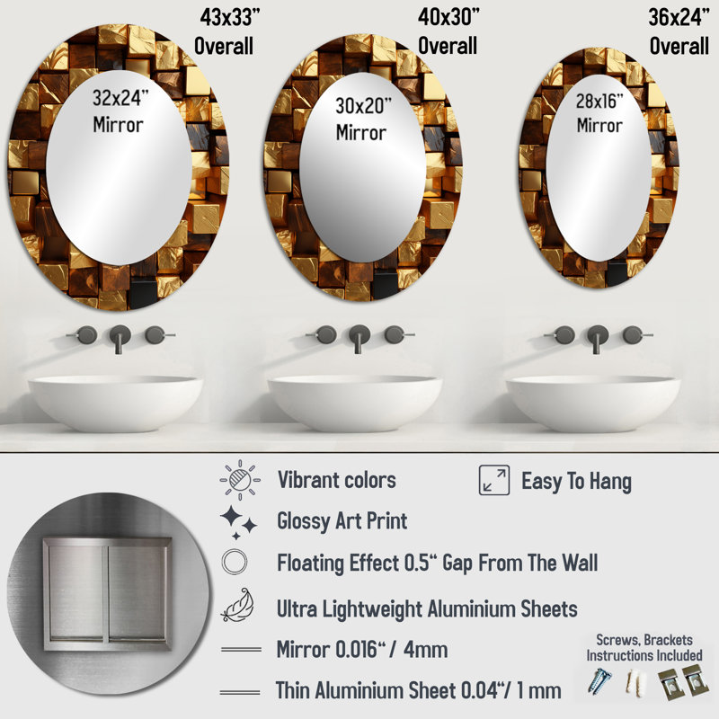Black And Gold Abstract Cubes III - Large Oval Wall Mirror On Metal, 36" H x 24" W