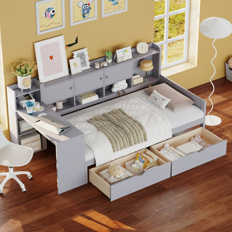 Lit de jour en L peu encombrant avec rangement et bureau d'étude, Lit simple