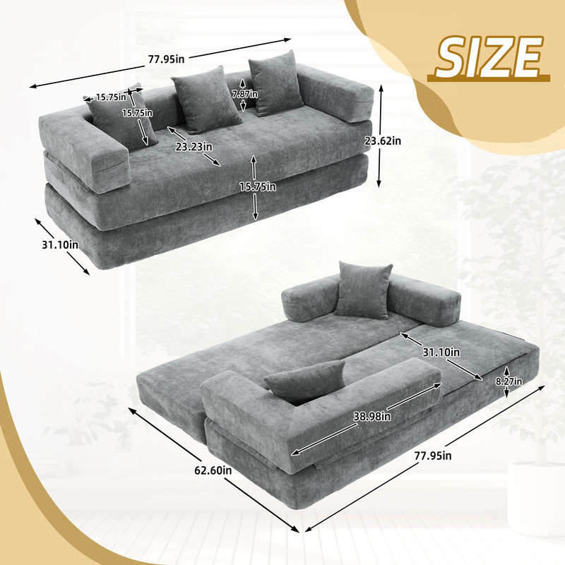 Canapé-lit convertible moderne 6-en-1 avec coussins, Gris chenille