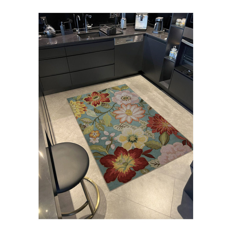 Tapis lavable décoratif multicolore turquoise à motif de feuilles et de fleurs, Tapis de couloir 3 pi 3 po x 9 pi 10 po