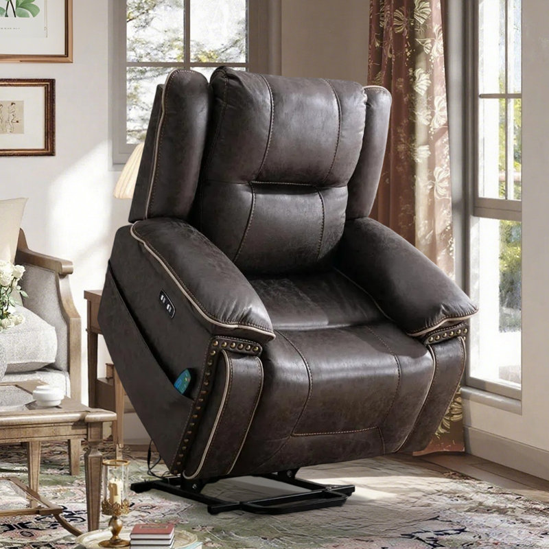 39.9" Wide Vintage Faux Leather Power Lift Assist Massage Heating Recliner Chair with Adjustable Headrest & Hidden Cup Holders & USB Port