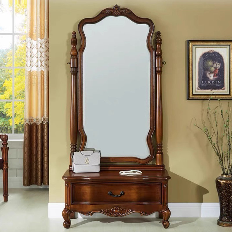 American-Style Rubberwood Frame Full-Length Mirror With Drawers