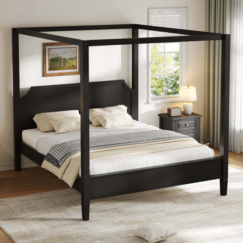 Lit plateforme à baldaquin en bois robuste avec tête de lit intégrée, Black