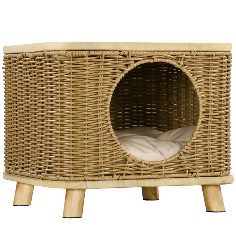 Elevated Design Wicker Cat House with Washable Cushion Light Brown