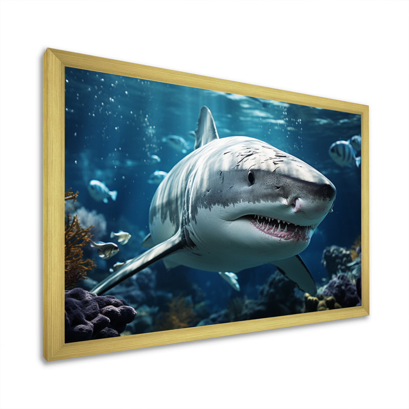" Teal Gray Shark Marine Symphony ", Gold Picture Framed, 12" H x 20" W x 1" D