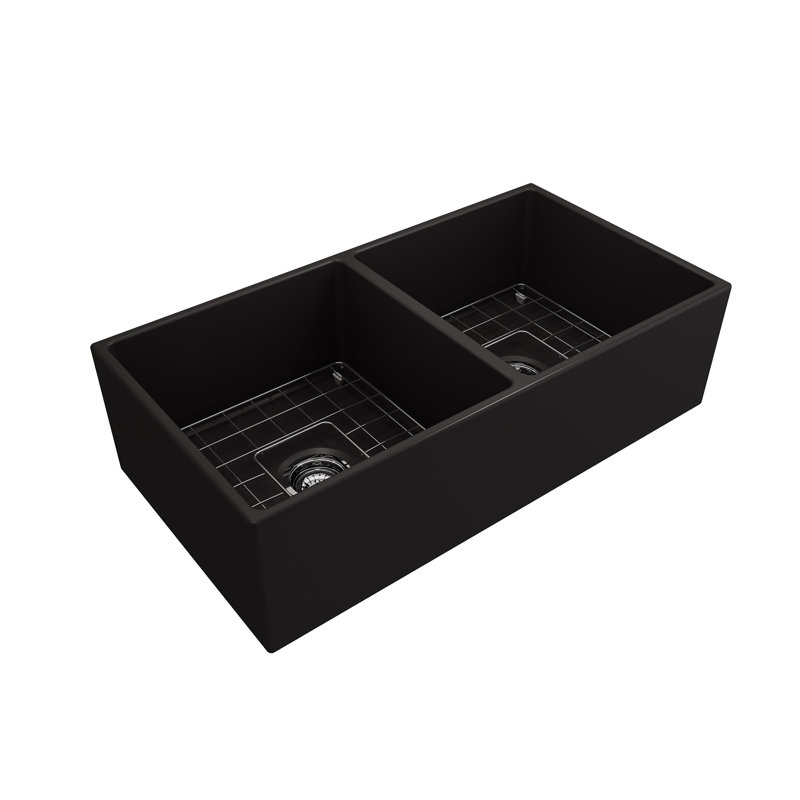 Évier de cuisine à double cuve 36 po x l 19 po avec accessoires, Noir mat