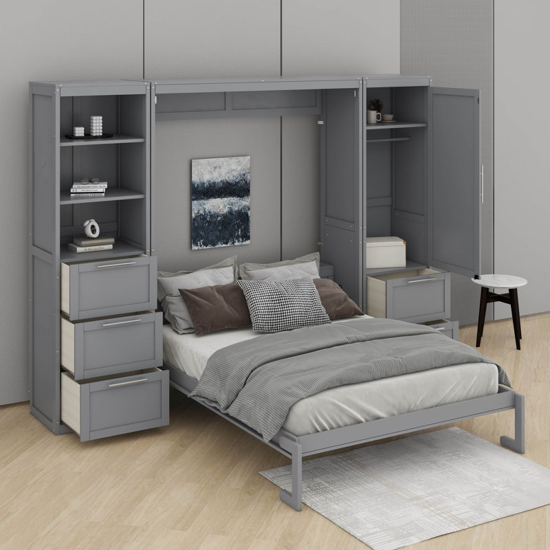 Grand lit escamotable avec tiroirs et tablettes, gris