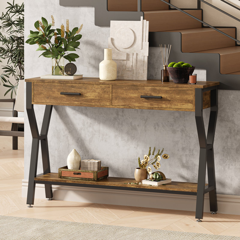 Console 47 po avec 2 tiroirs, table de vestibule en bois Farmhouse, Brun rustique