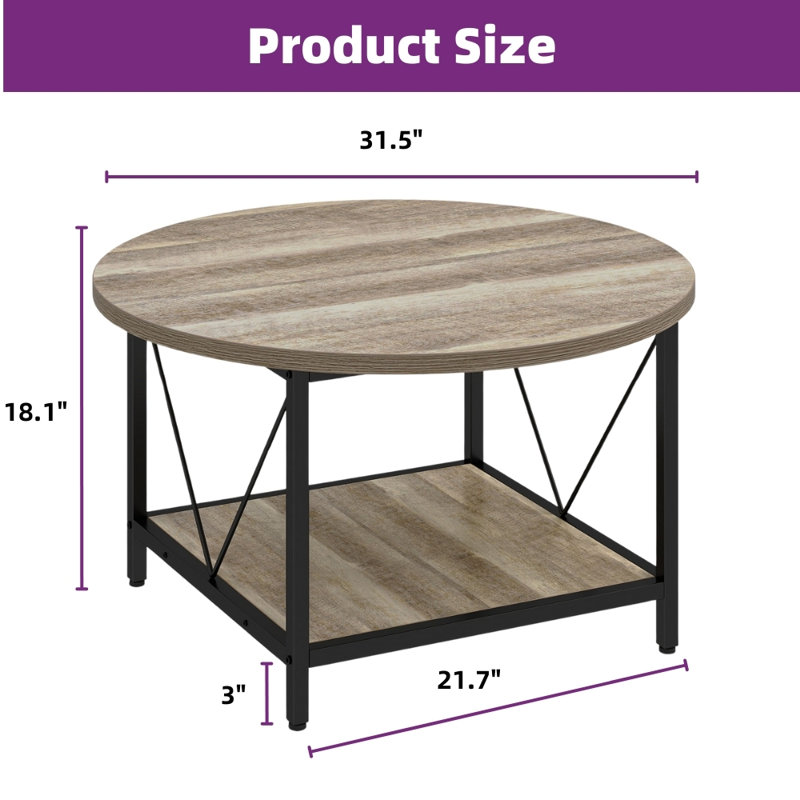 2 Tier Metal Frame Small Round Rustic Coffee Table With Open Storage Shelf