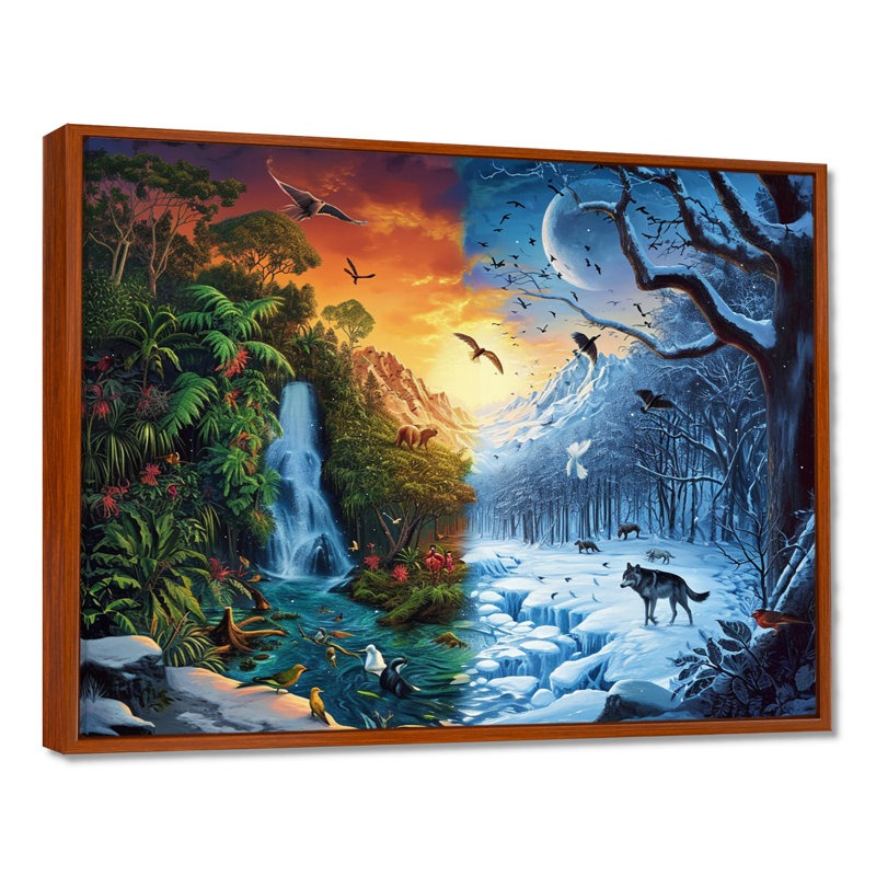 Art équinoxe, cascade printanière, hiver, neige, loup - rivière, art mural, Toile avec cadre flottant brun
