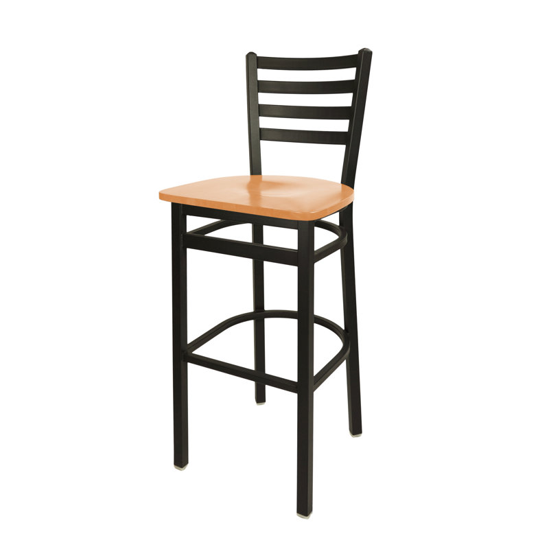Lima Ladder Back Barstool - Mahogany Wood Seat - Steel Frame -, Light Cherry Wood/Sand Black