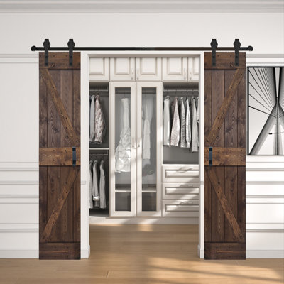 Porte de grange coulissante double en bois massif 42 po x 84 po (21 po x 84 po / ch x 2) avec trousse de quincaillerie d'installation - Assemblage requis