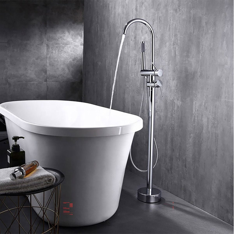 Black Round Freestanding Bath Tap With Shower, Silver