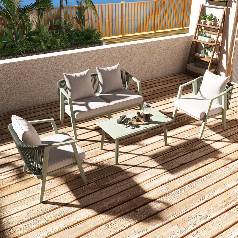 Ensemble de conversation extérieure avec table et coussins, Beige, Vert