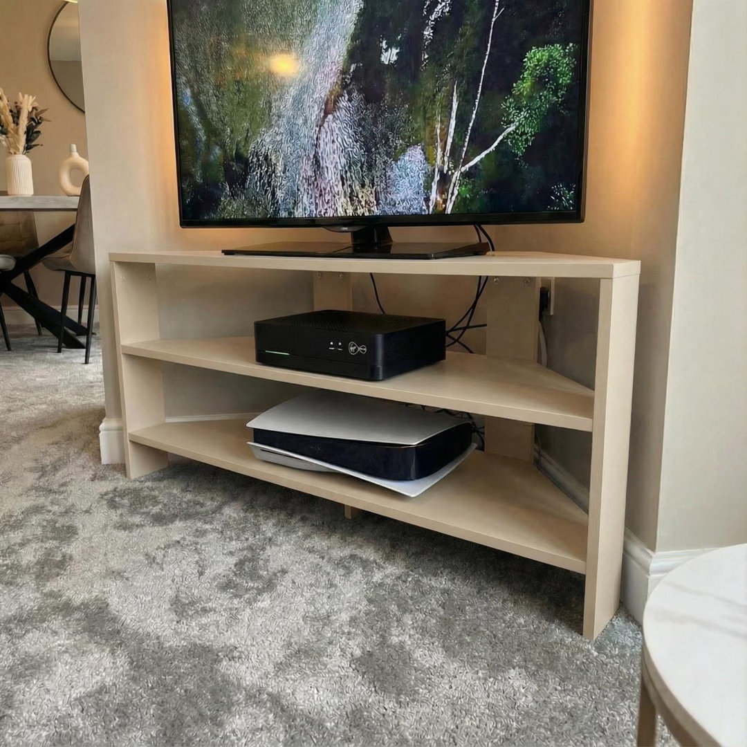 Sage Green Corner Tv Unit Space Saving Media Stand With Shelving For Living Room Bedroom Or Apartment H45 X W110 X D36cm