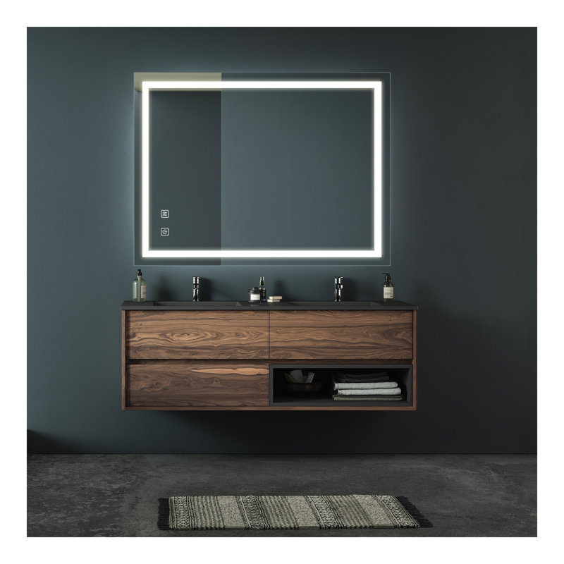 Miroir de salle de bain pour salle de bain avec fond de panier, lumière intense, intensité variable, contrôle de l'interrupteur mural, antibuée, IRC 95 réglable 3000K-4500K-6000K, étanche IP54 vertical et horizontal