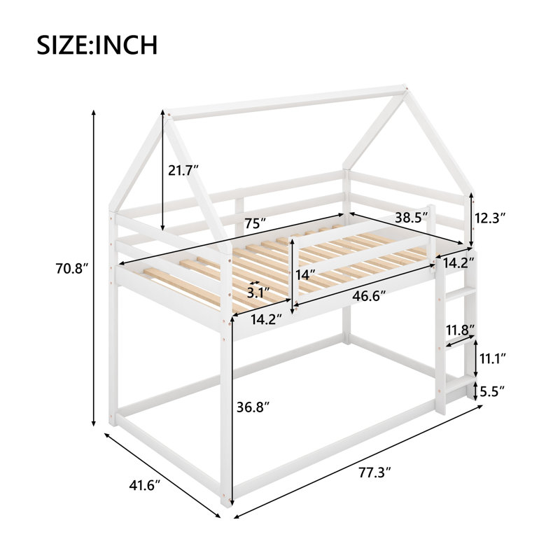 Lit superposé simple au-dessus de simple avec échelle, structure en bois de pin massif blanc pour enfants