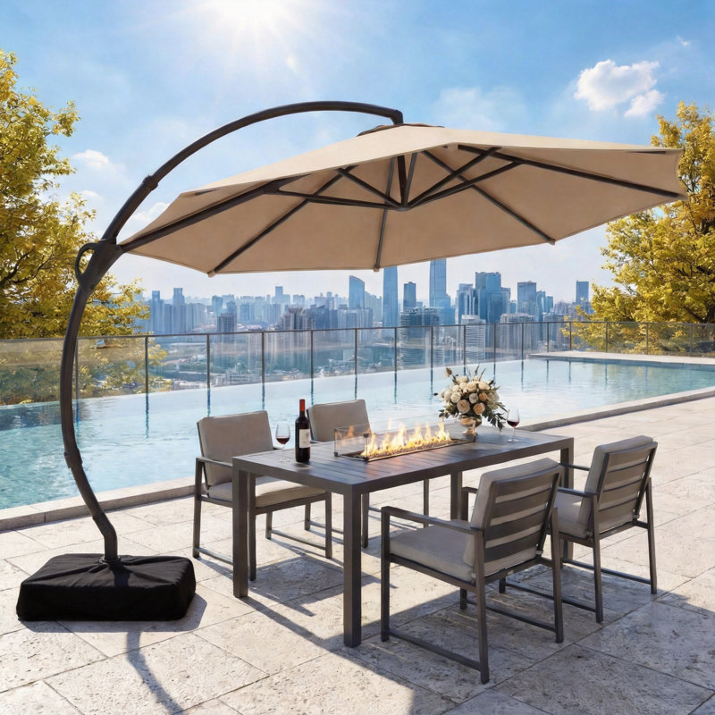 Parasol en porte-à-faux en aluminium Kristy avec base incluse, Champagne, H 108 po x l 132 po x P 132 po, Fabric Sandbag Base