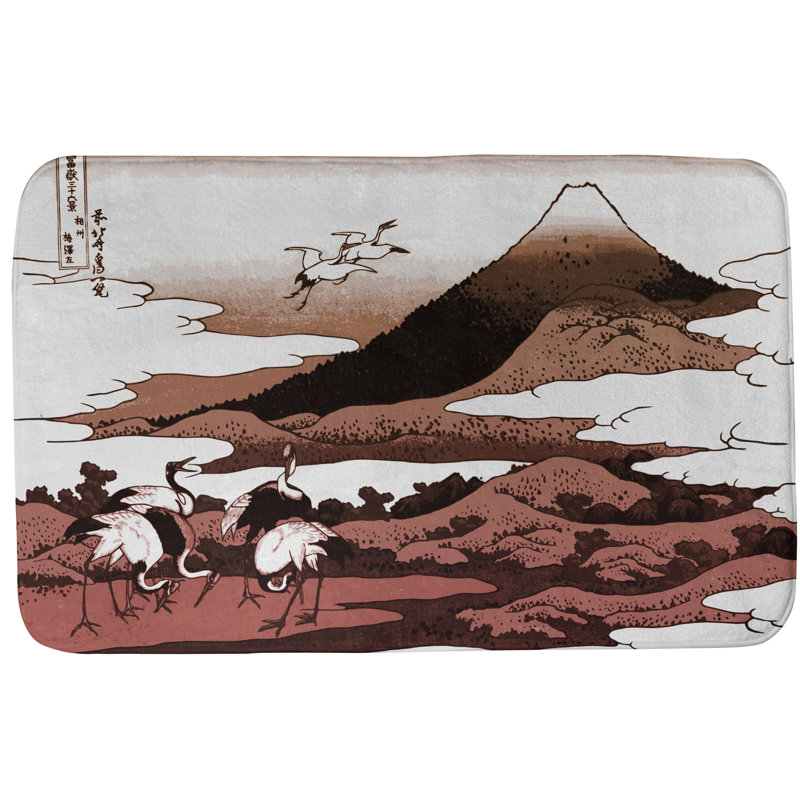 Tapis de bain antidérapant de style grues de style japonais, l 21 po x L 34 po, Noir/rouge