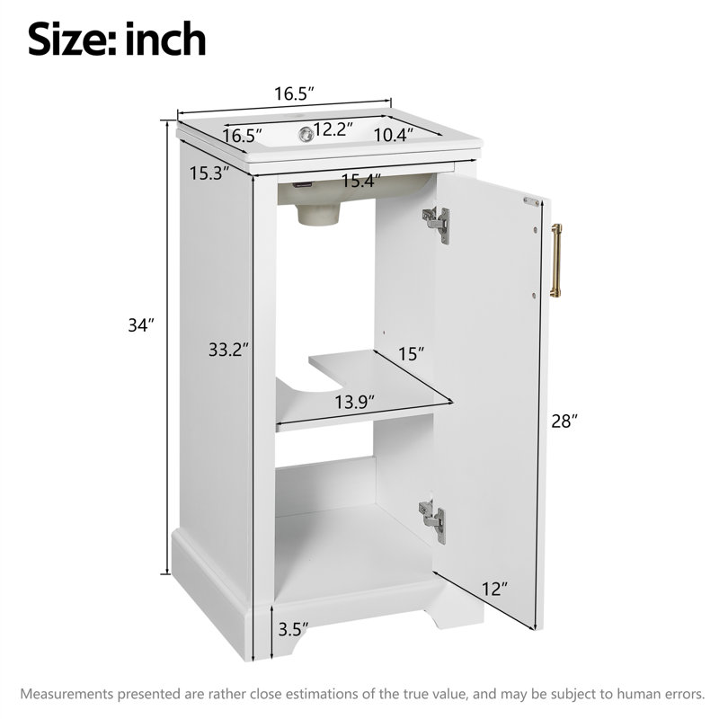 Meuble-lavabo simple autoportant de 16 po de largeur avec comptoir en céramique, charnières Soft-Clsoe et tablette réglable