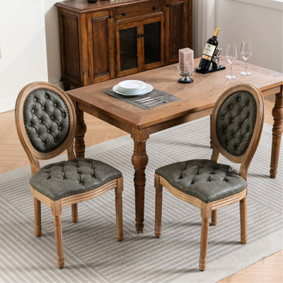 Solid Wood Dining Chairs Pair, Pu Artificial Leather Seat, Nailhead Trim, High Back For Support, Greenish Hue Luxury Chairs, 2 Leather, , Adjustable Legs, Color