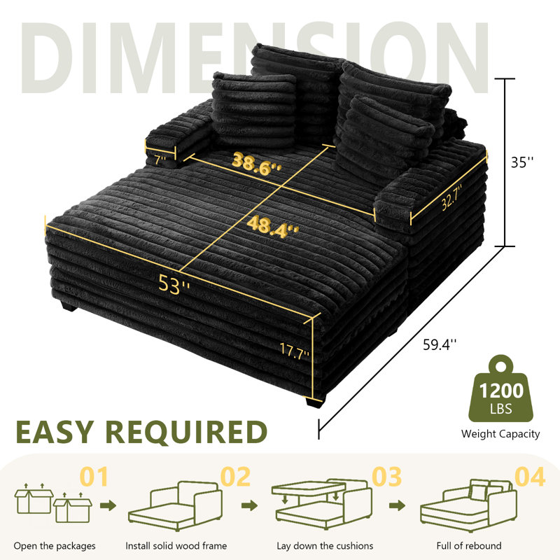 Oversized Chaise Lounge Chair Indoor, 53 Inch Fluffy Plush Faux Fur Upholstered Sleeper Sofa Bed, Cozy Lazy Couch For Living Room, Bedroom (Black)