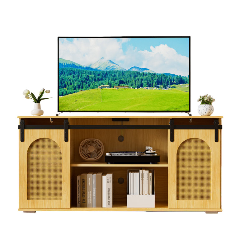 Farmhouse Wood Buffet Sideboard With 2 Rattan Sliding Doors Multi-functional Storage Cabinet With Shelves, Natural
