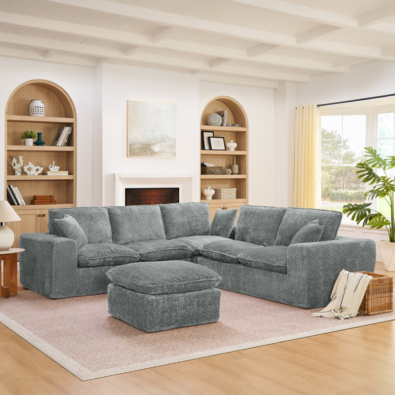 Canapé modulaire en forme de L de 107 po avec repose-pieds et coussins, méridienne réversible modulaire et sans assemblage requis pour le salon