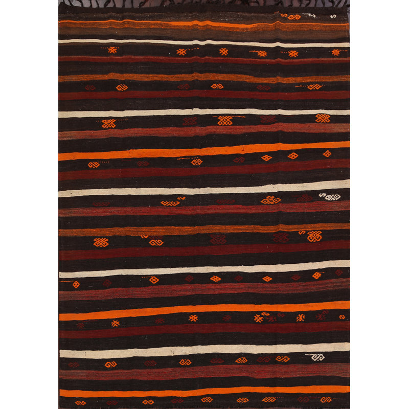 Tapis noir / orange / rouge en laine fabriqué à la main Annedörte Kilim
